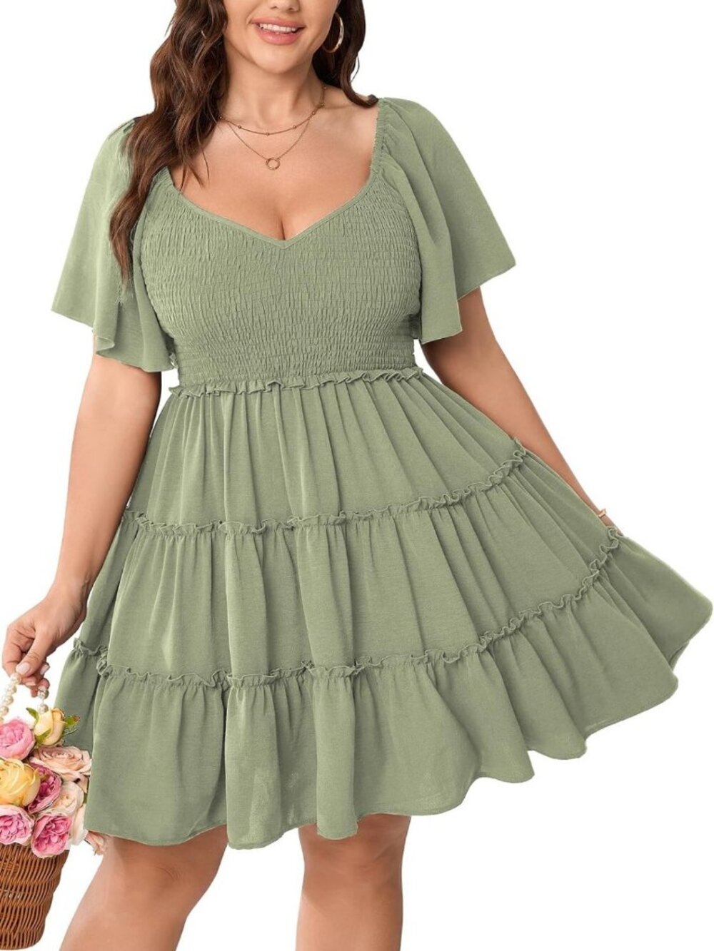 SHESTARR Plus Size Smocked Babydoll Mini Dress Short Sleeves A-line Tiered